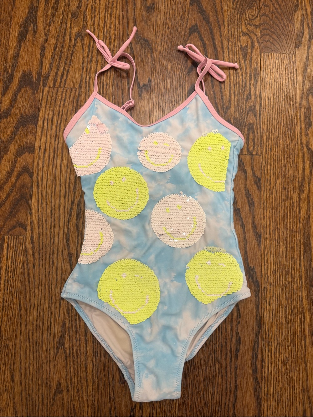 Kids Pink-Trim Blue Tie-Dye One-Piece Swimsuit with Sequin Smiley Faces